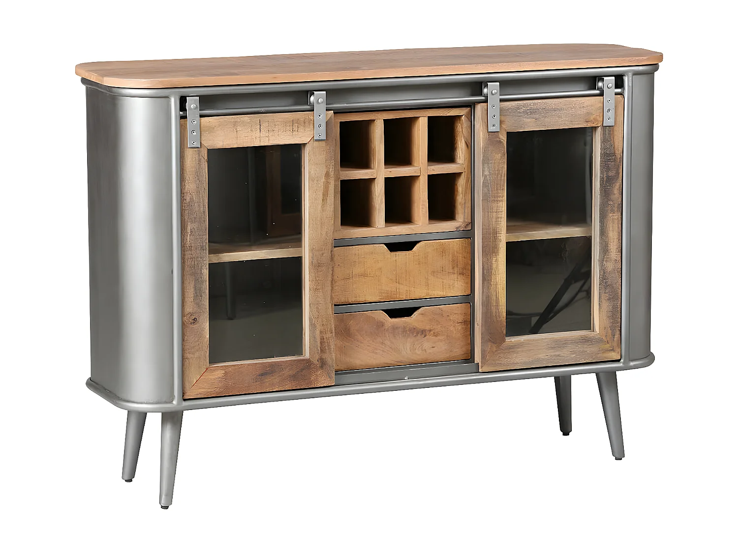 PALISSO - Buffet 2 Portes 2 Tiroirs Bois et Acier Patiné