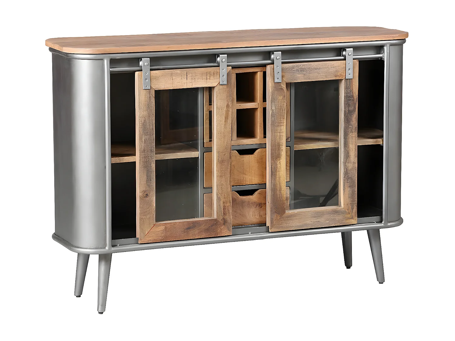 PALISSO - Buffet 2 Portes 2 Tiroirs Bois et Acier Patiné