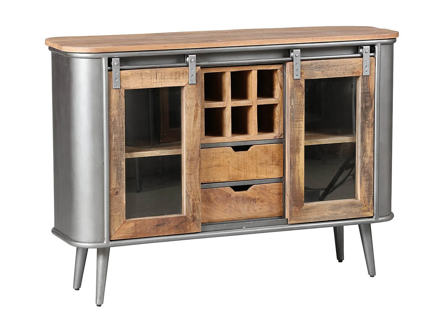 PALISSO - Buffet 2 Portes 2 Tiroirs Bois et Acier Patiné