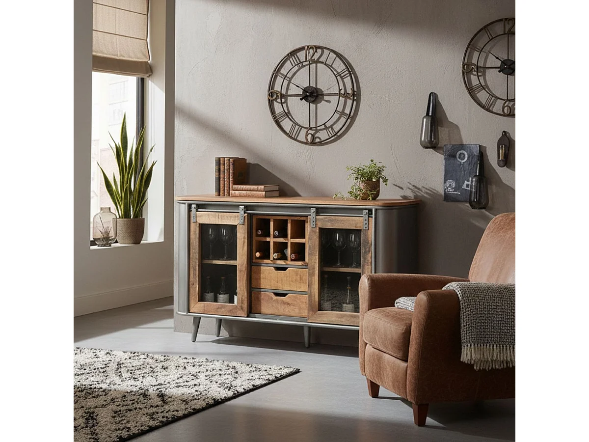 PALISSO - Buffet 2 Portes 2 Tiroirs Bois et Acier Patiné