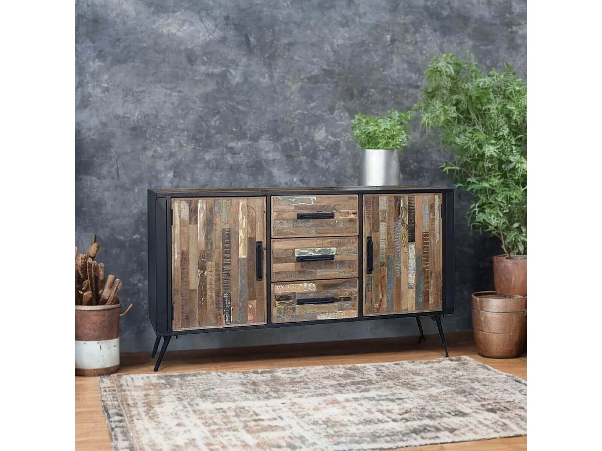 NESSA - Buffet 2 Portes 3 Tiroirs Manguier Massif Recyclé