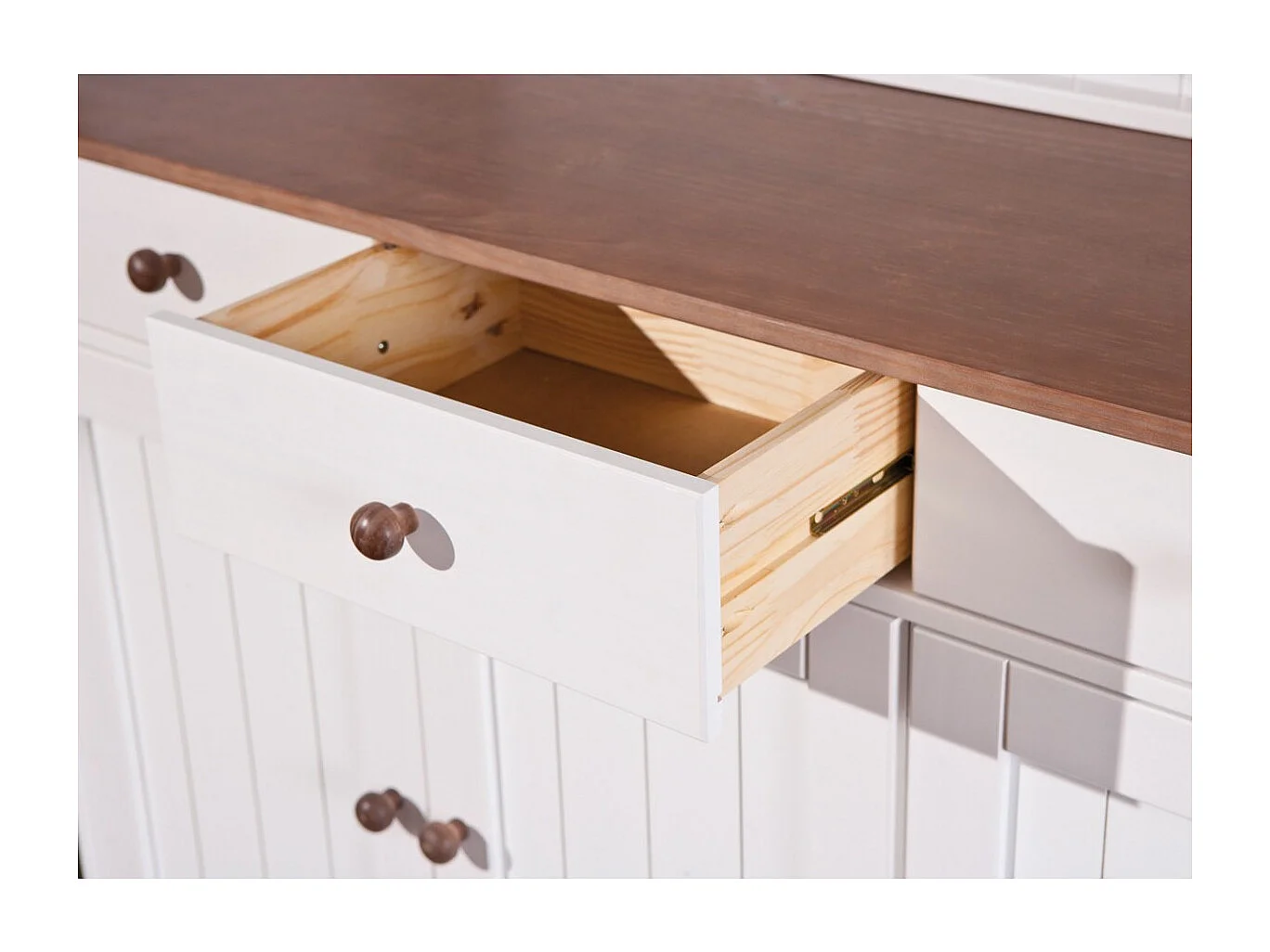 SOCOA - Buffet Vaisselier 5 Portes 3 Tiroirs Bois Massif Vernis Sepia et Blanc