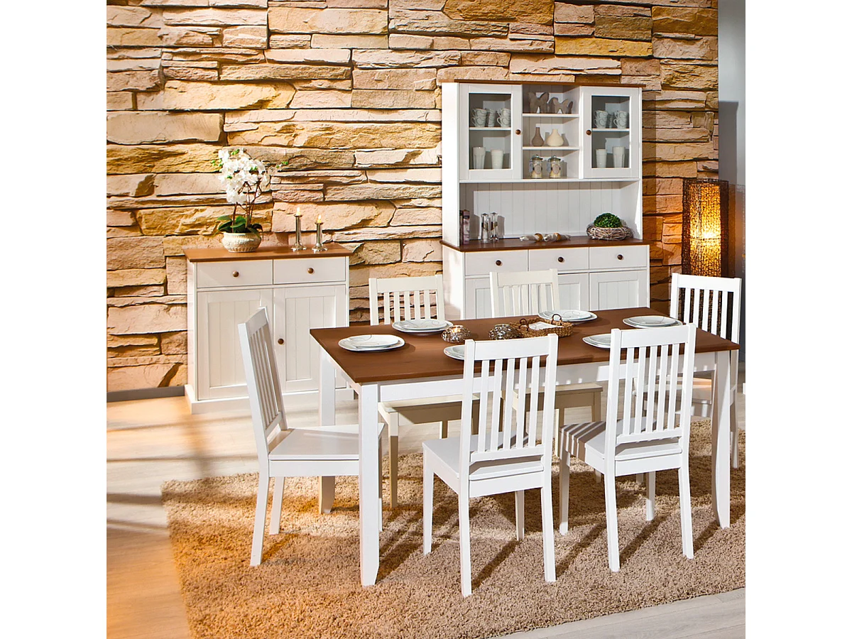 SOCOA - Buffet Vaisselier 5 Portes 3 Tiroirs Bois Massif Vernis Sepia et Blanc