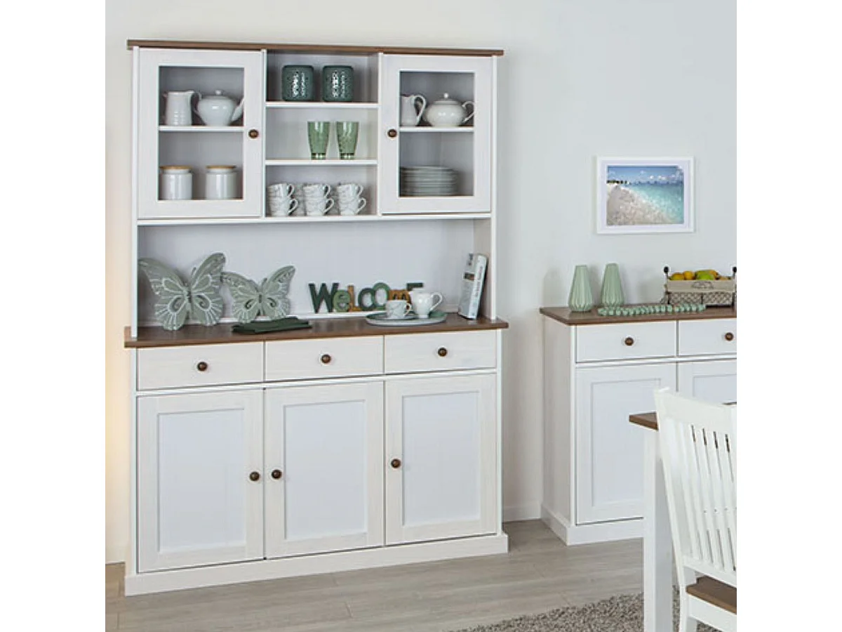 SOCOA - Buffet Vaisselier 5 Portes 3 Tiroirs Bois Massif Vernis Sepia et Blanc