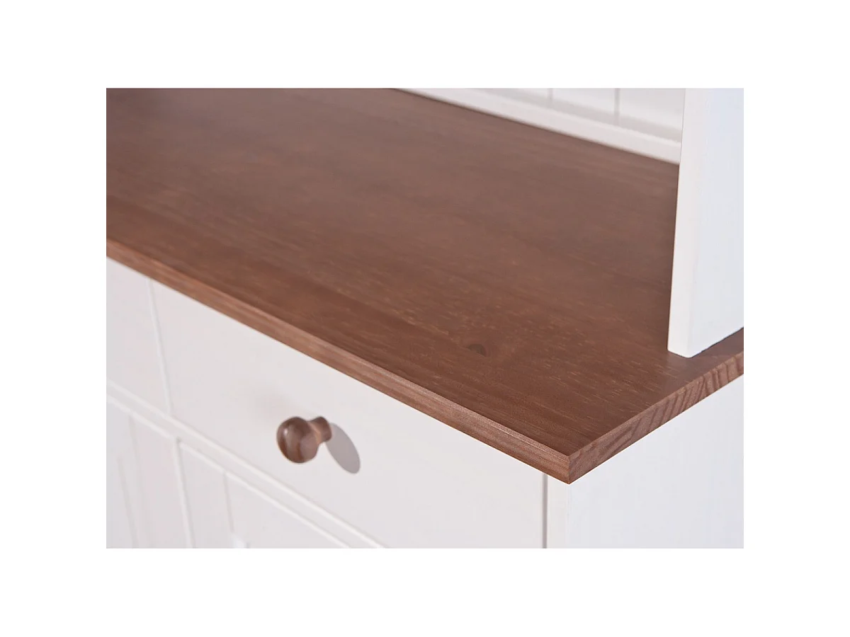 SOCOA - Buffet Vaisselier 5 Portes 3 Tiroirs Bois Massif Vernis Sepia et Blanc