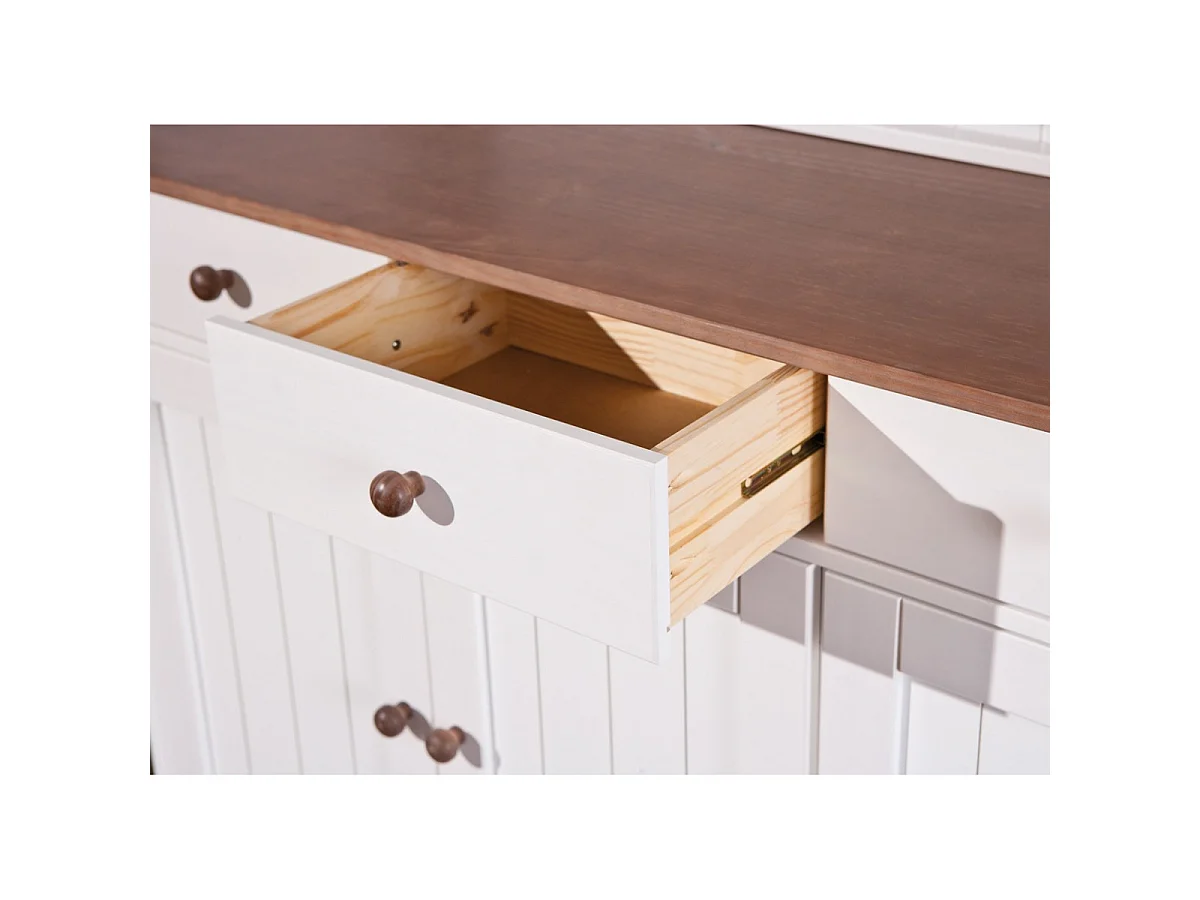 SOCOA - Buffet Vaisselier 5 Portes 3 Tiroirs Bois Massif Vernis Sepia et Blanc