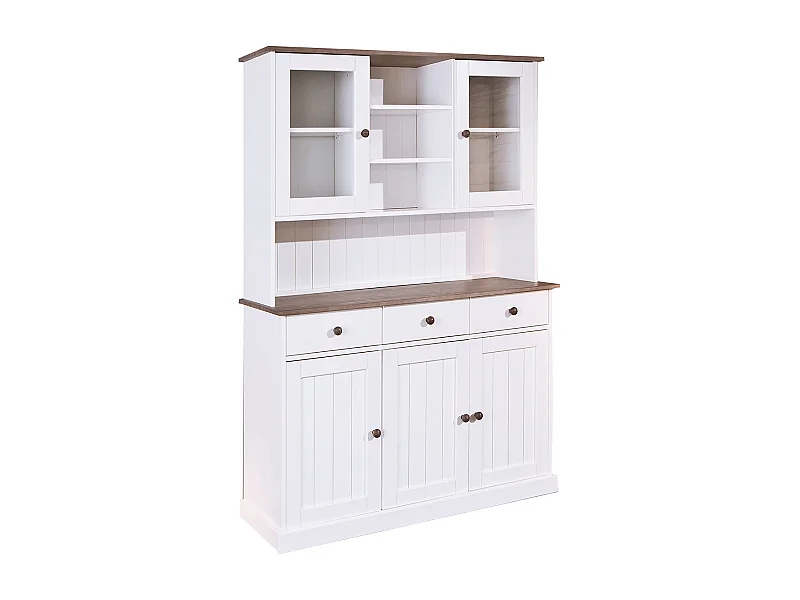 SOCOA - Buffet Vaisselier 5 Portes 3 Tiroirs Bois Massif Vernis Sepia et Blanc