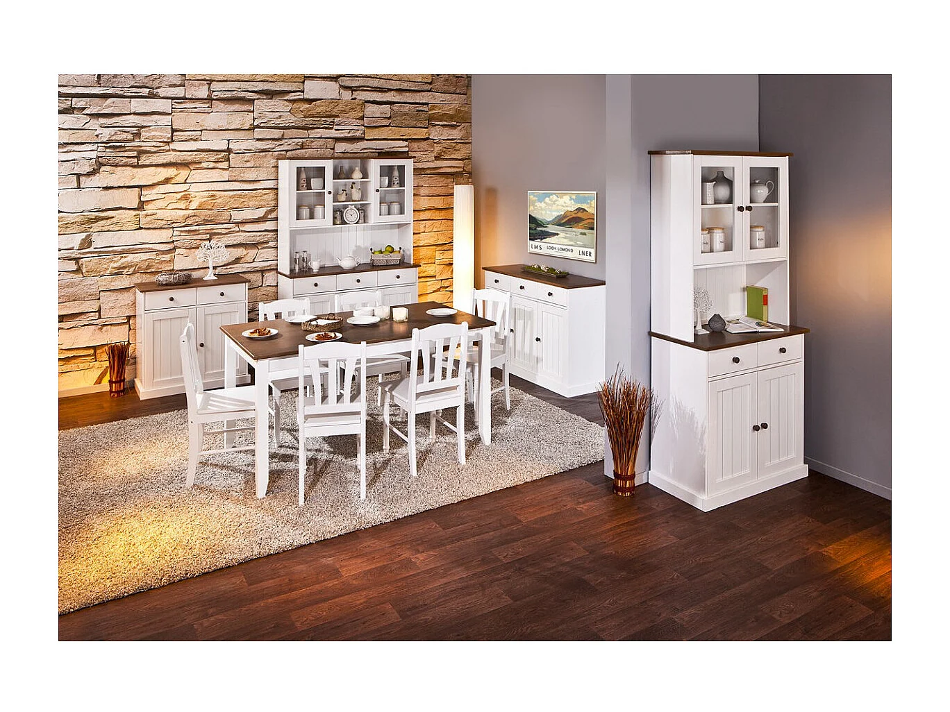 SOCOA - Buffet Vaisselier 4 Portes 2 Tiroirs Bois Massif Vernis Sepia et Blanc