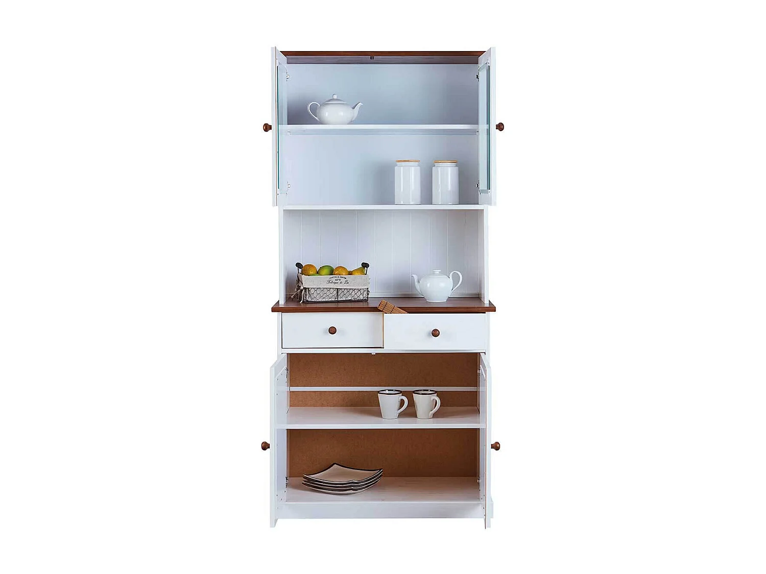SOCOA - Buffet Vaisselier 4 Portes 2 Tiroirs Bois Massif Vernis Sepia et Blanc