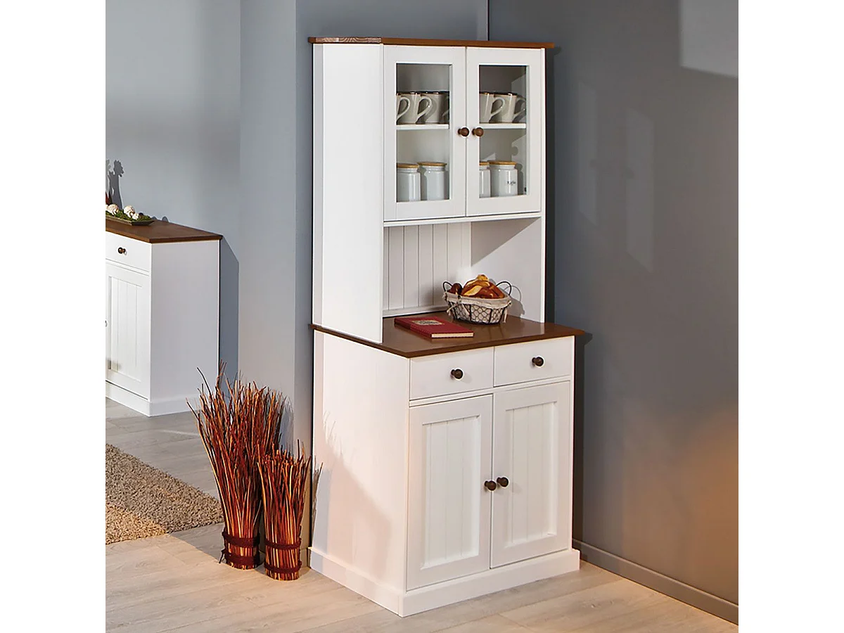SOCOA - Buffet Vaisselier 4 Portes 2 Tiroirs Bois Massif Vernis Sepia et Blanc