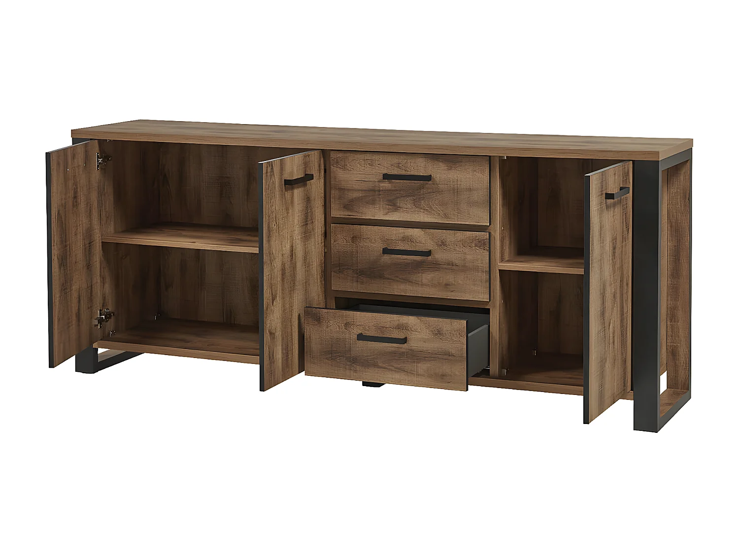 KORA - Buffet 3 Portes 3 Tiroirs Aspect Bois et Métal Noir