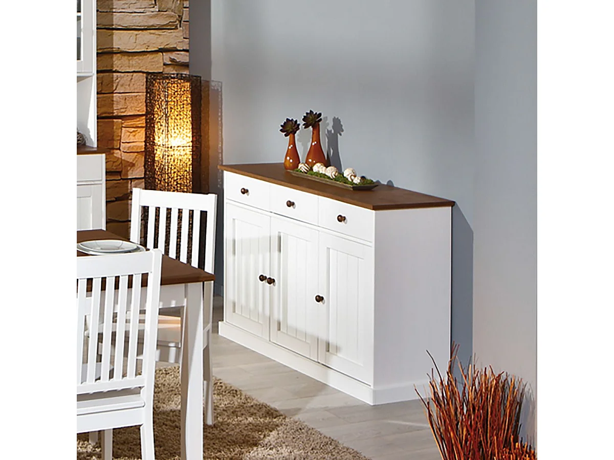 SOCOA - Buffet 3 Portes 3 Tiroirs Bois Massif Vernis Sepia et Blanc