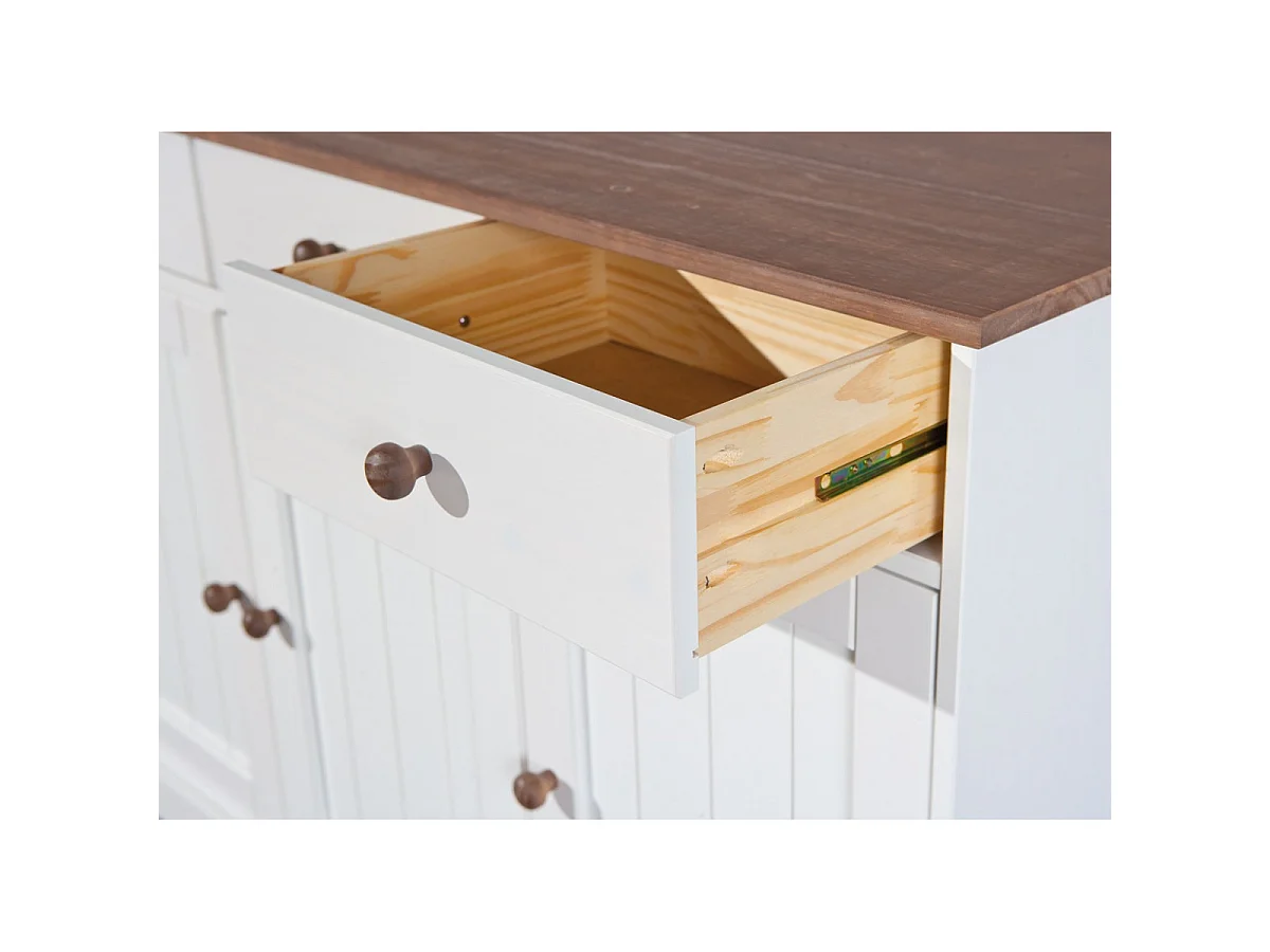 SOCOA - Buffet 3 Portes 3 Tiroirs Bois Massif Vernis Sepia et Blanc