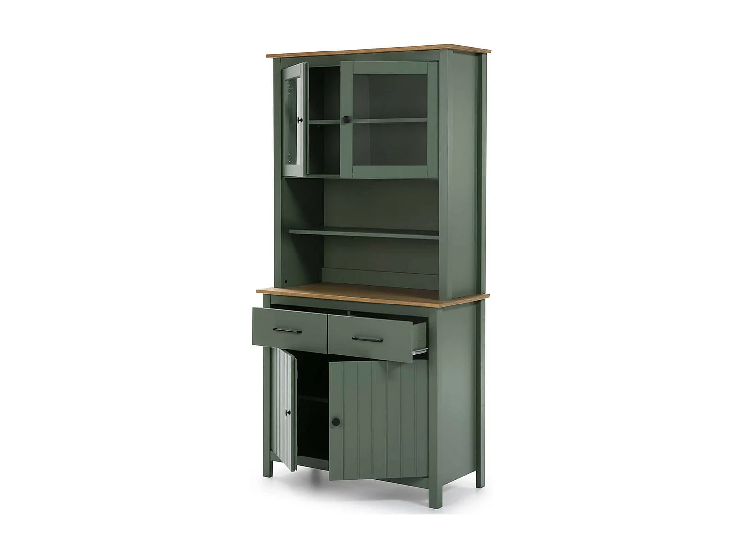 TINA - Buffet Haut 4 Portes 2 Tiroirs Bois Ciré et Vert
