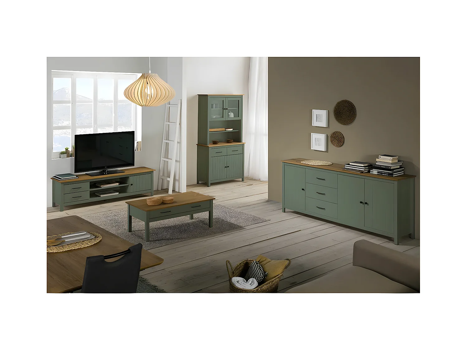TINA - Buffet Haut 4 Portes 2 Tiroirs Bois Ciré et Vert