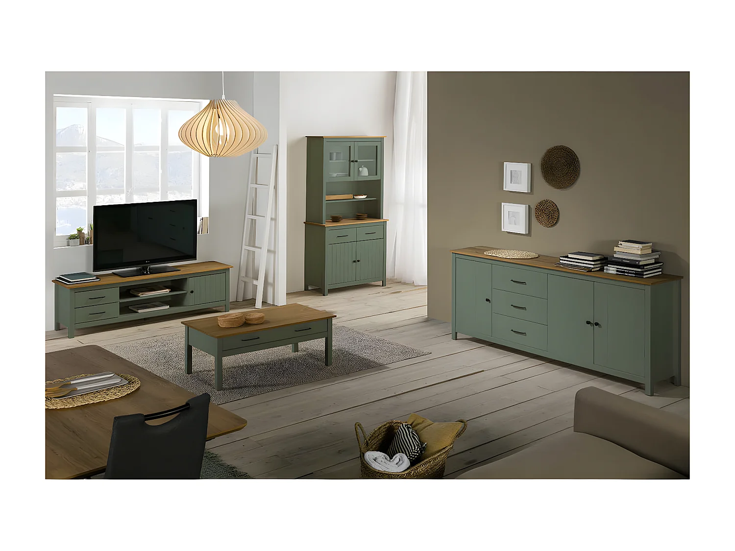 TINA - Buffet Haut 4 Portes 2 Tiroirs Bois Ciré et Vert