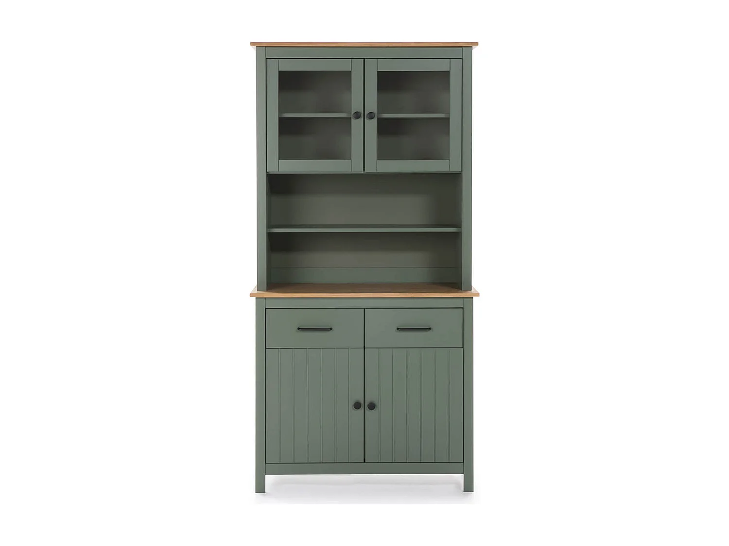 TINA - Buffet Haut 4 Portes 2 Tiroirs Bois Ciré et Vert