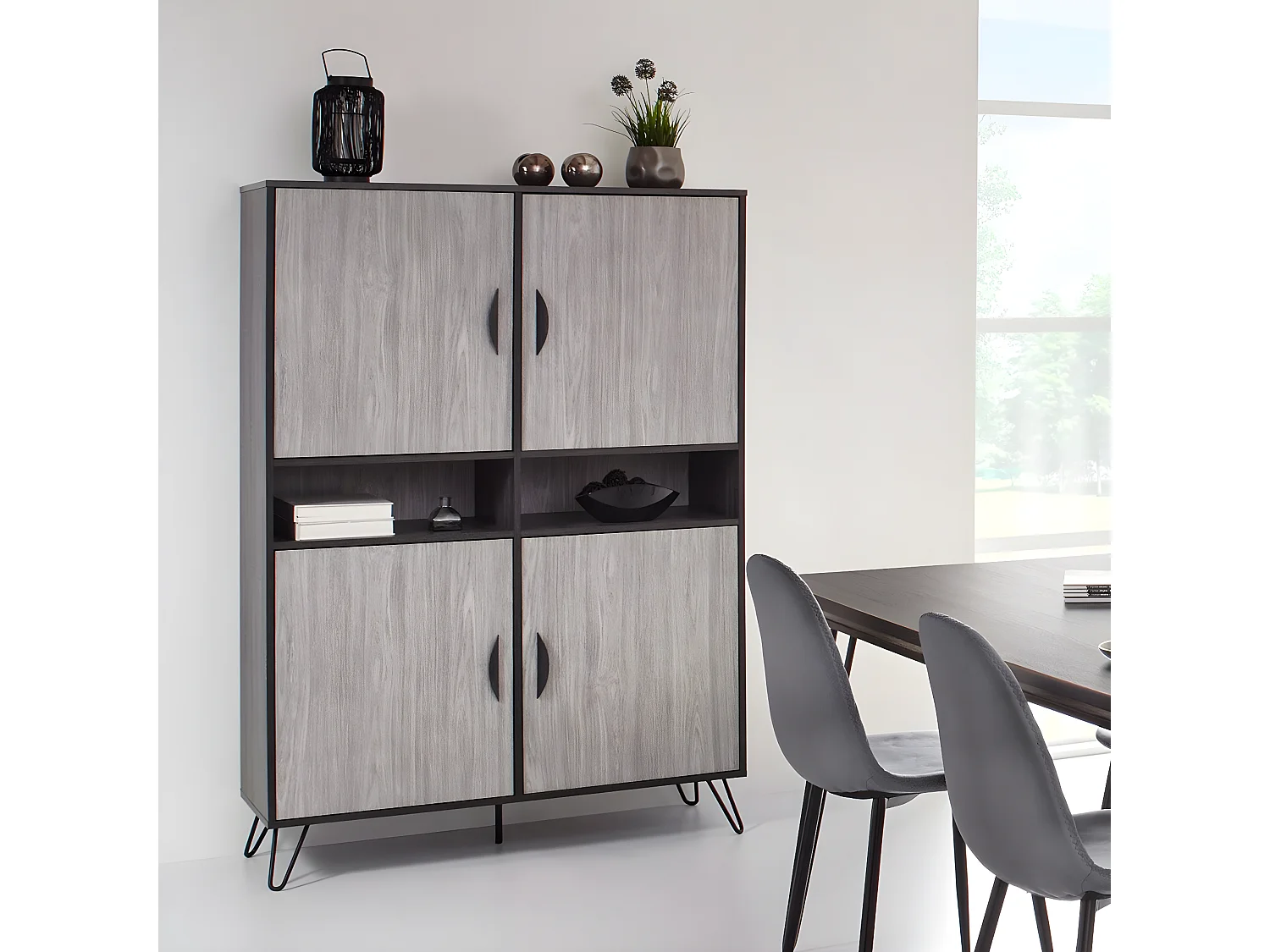 ASCA - Meuble Bar 4 Portes Décir Chêne Gris Cendré et Piètement Métal