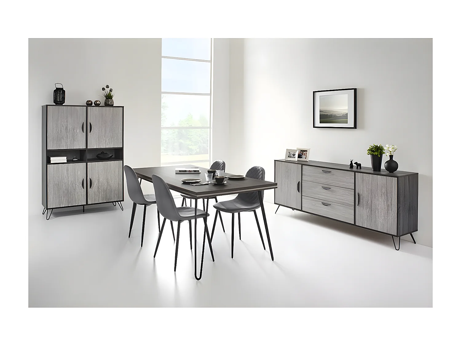 ASCA - Meuble Bar 4 Portes Décir Chêne Gris Cendré et Piètement Métal