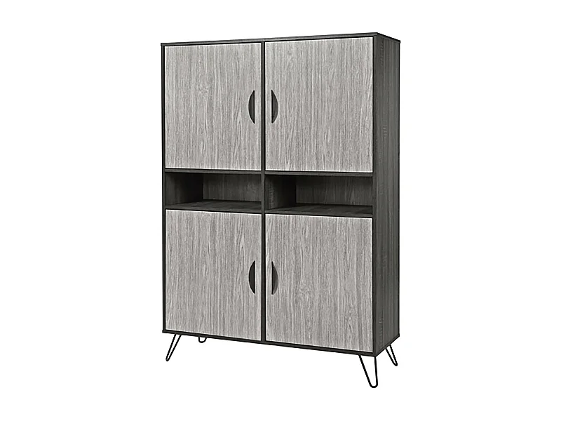 ASCA - Meuble Bar 4 Portes Décir Chêne Gris Cendré et Piètement Métal