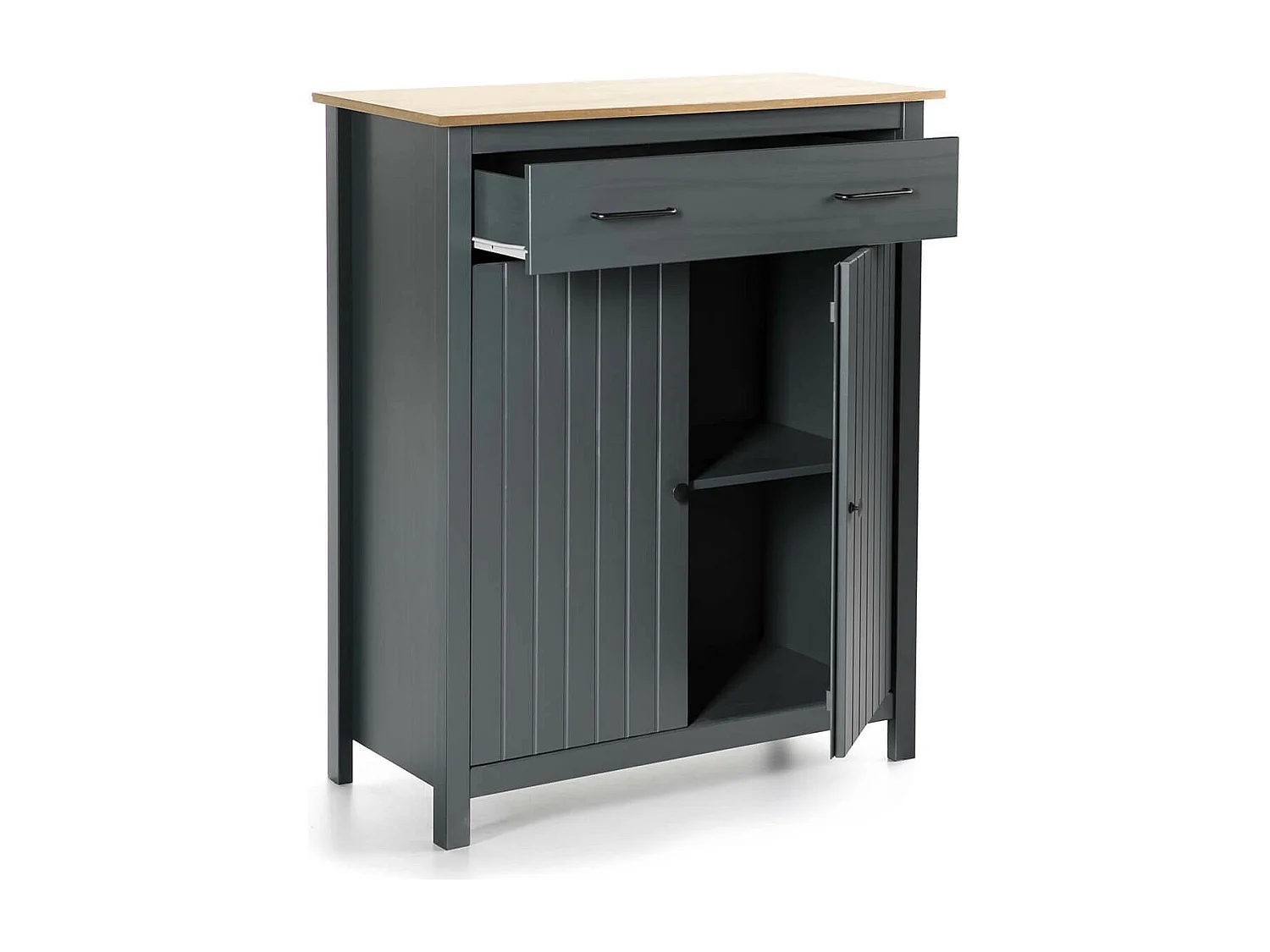 TINA - Meuble Haut 2 Portes 1 Tiroir Bois Ciré et Bleu Pétrole