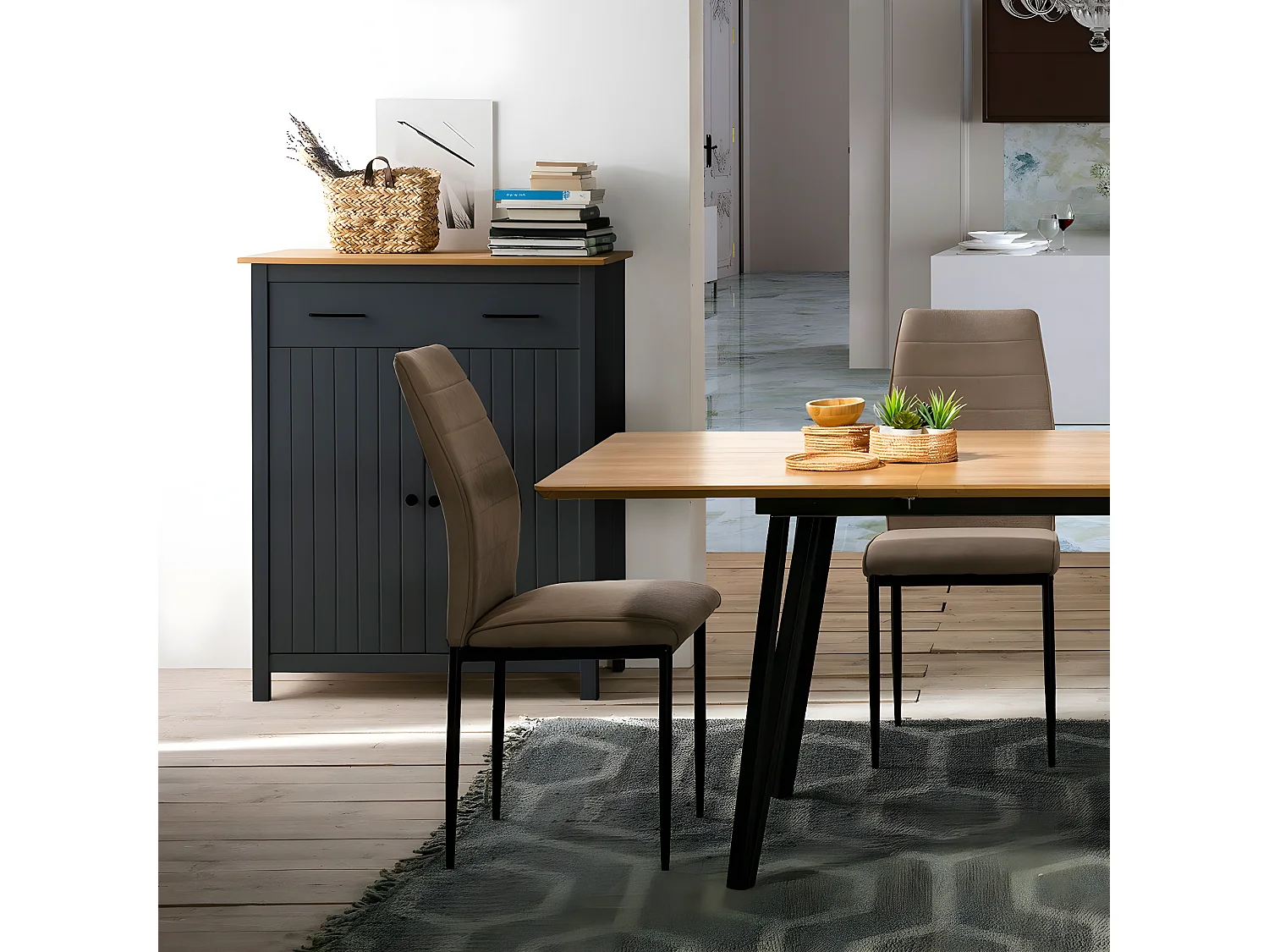 TINA - Meuble Haut 2 Portes 1 Tiroir Bois Ciré et Bleu Pétrole