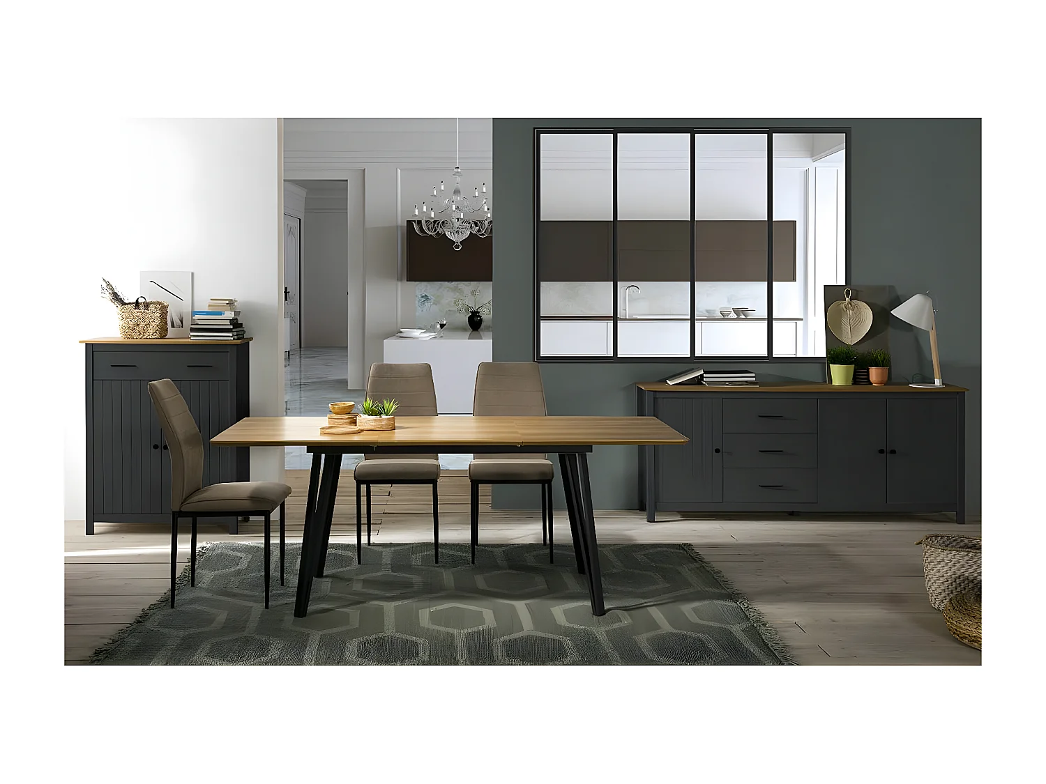 TINA - Meuble Haut 2 Portes 1 Tiroir Bois Ciré et Bleu Pétrole