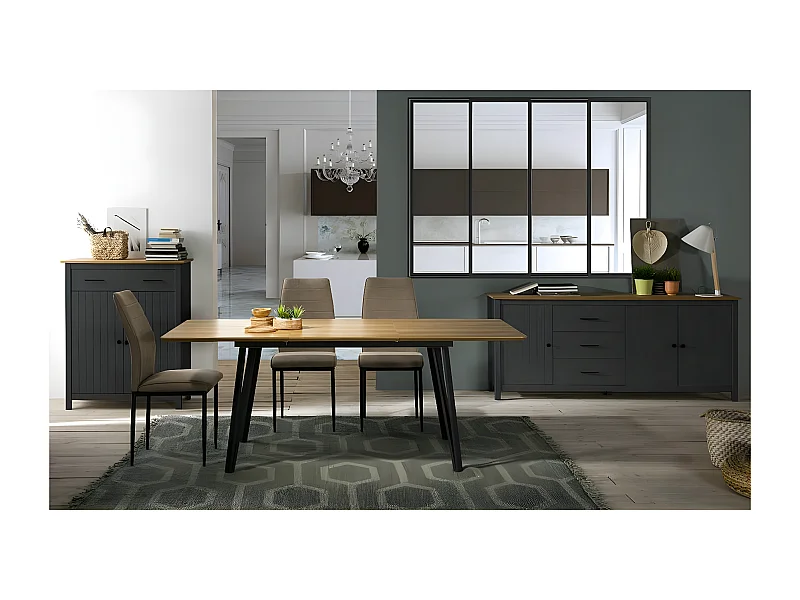 TINA - Meuble Haut 2 Portes 1 Tiroir Bois Ciré et Bleu Pétrole