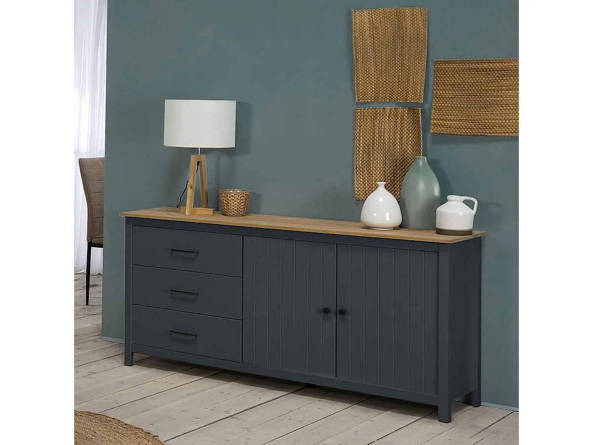 TINA - Buffet Bas 2 Portes 3 Tiroirs Bois Ciré coloris Bleu Pétrole