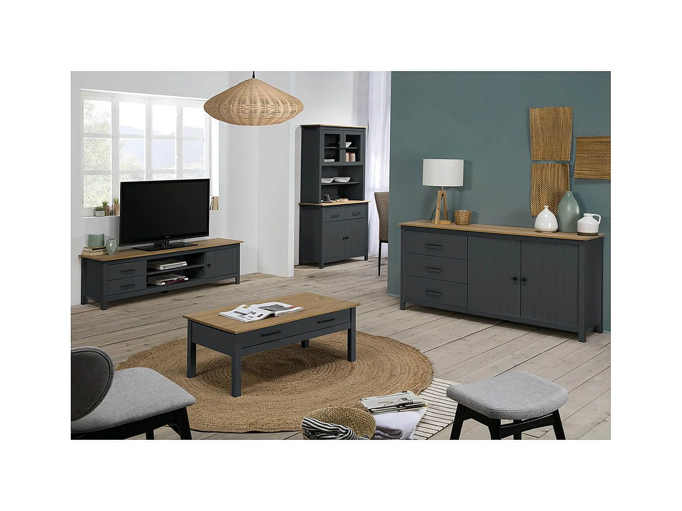 TINA - Buffet Bas 2 Portes 3 Tiroirs Bois Ciré coloris Bleu Pétrole