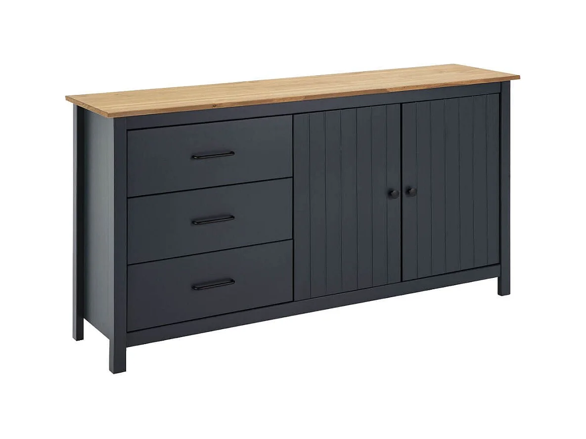 TINA - Buffet Bas 2 Portes 3 Tiroirs Bois Ciré coloris Bleu Pétrole