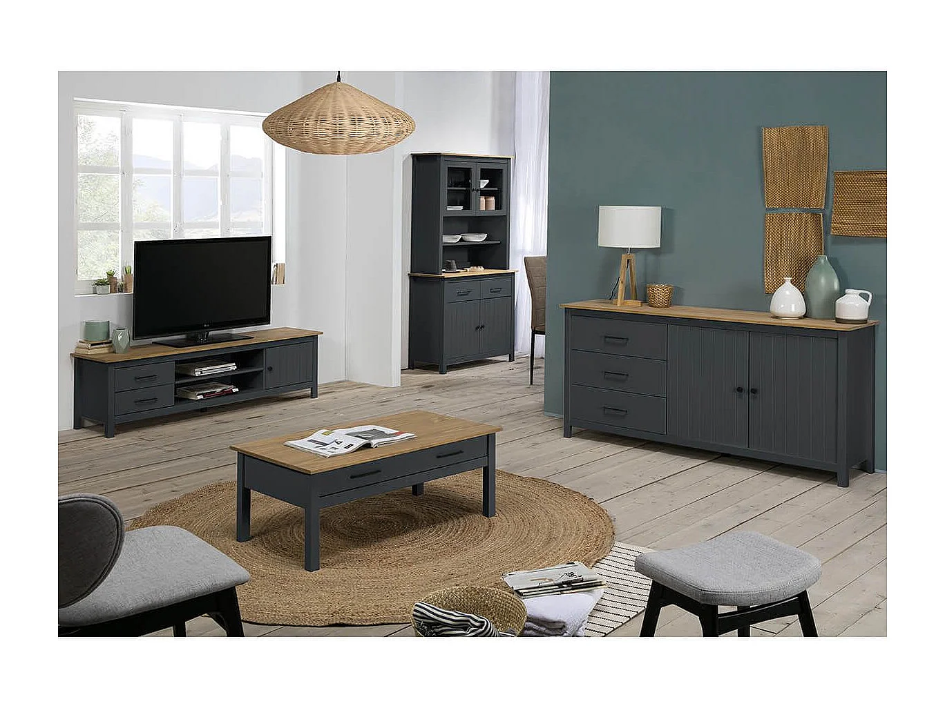 TINA - Buffet Bas 2 Portes 3 Tiroirs Bois Ciré coloris Bleu Pétrole