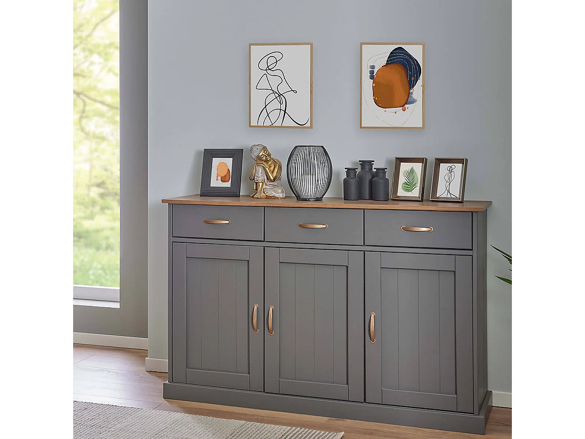 MELINA - Buffet 3 Portes 3 Tiroirs Coloris Gris