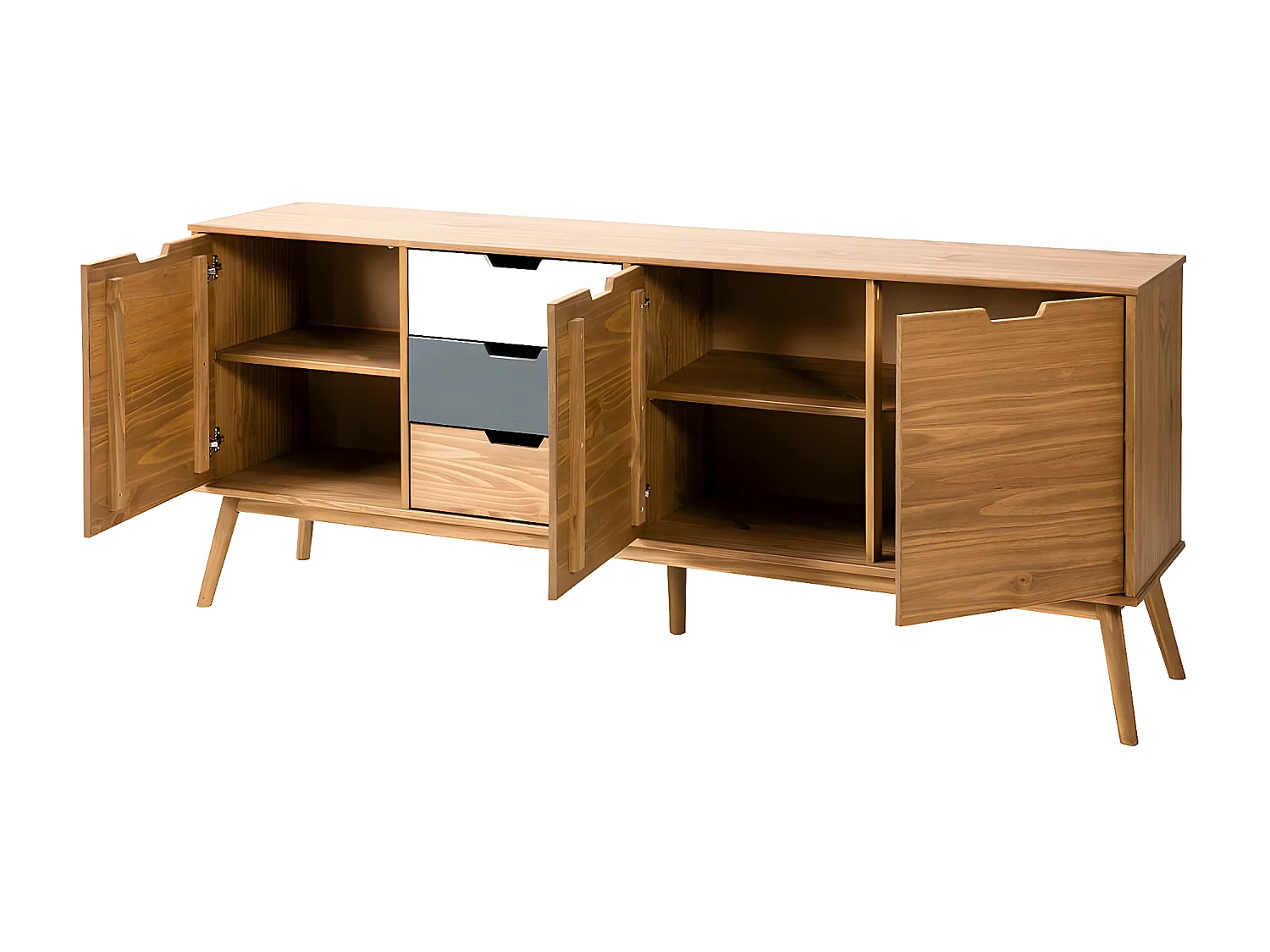 MARAS - Buffet 3 Portes 3 Tiroirs Bois Massif, Blanc et Gris