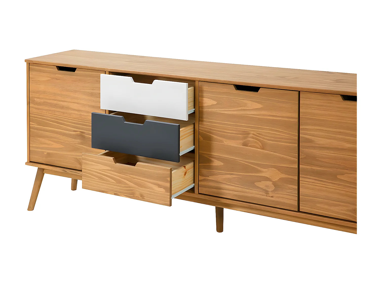 MARAS - Buffet 3 Portes 3 Tiroirs Bois Massif, Blanc et Gris