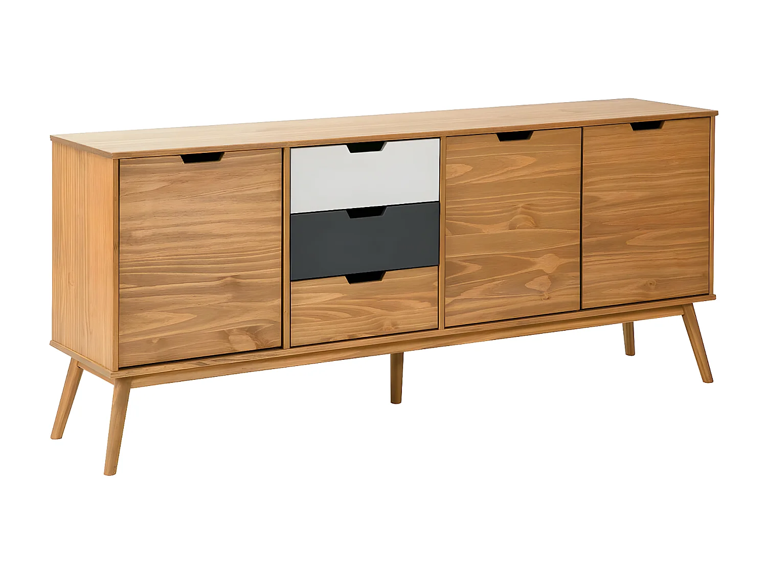 MARAS - Buffet 3 Portes 3 Tiroirs Bois Massif, Blanc et Gris