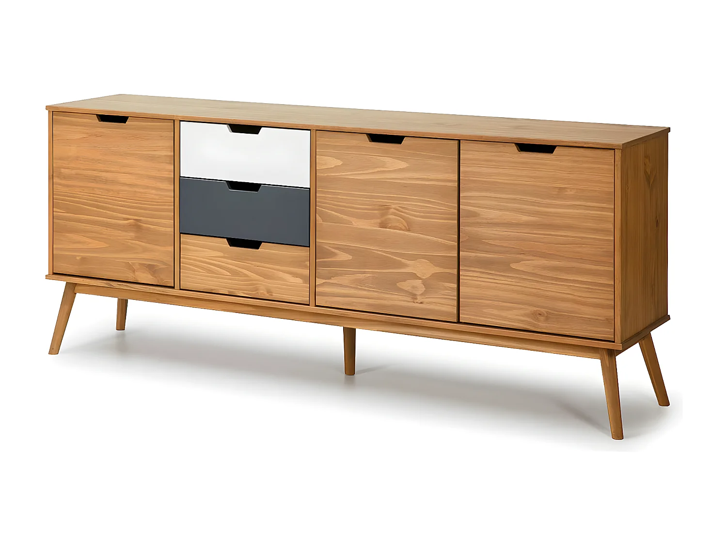 MARAS - Buffet 3 Portes 3 Tiroirs Bois Massif, Blanc et Gris