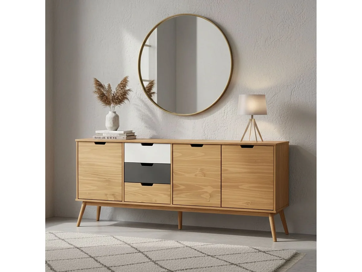 MARAS - Buffet 3 Portes 3 Tiroirs Bois Massif, Blanc et Gris