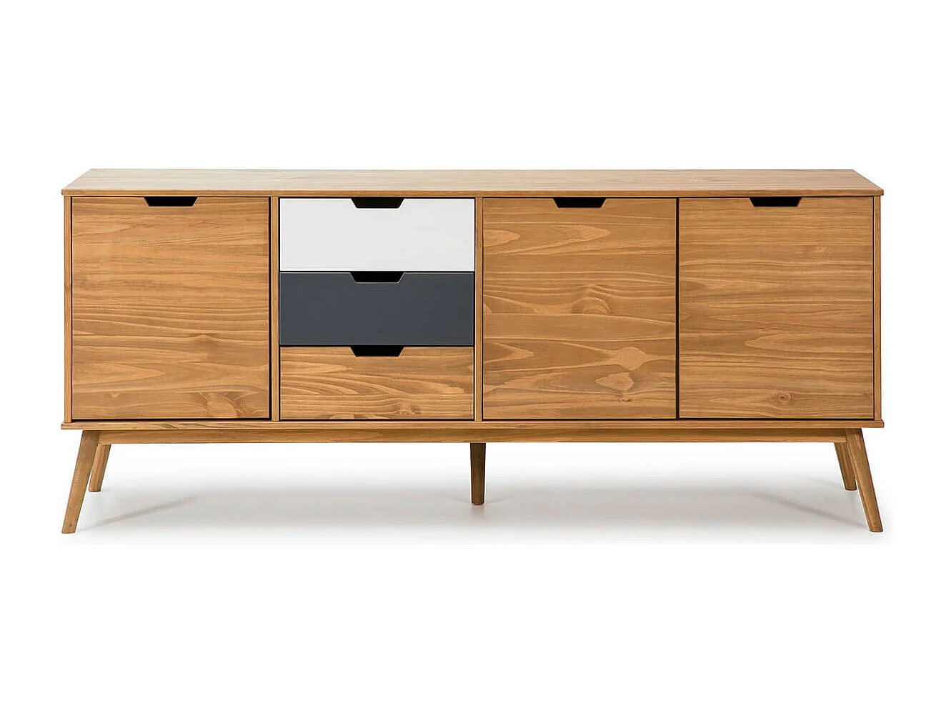 MARAS - Buffet 3 Portes 3 Tiroirs Bois Massif, Blanc et Gris