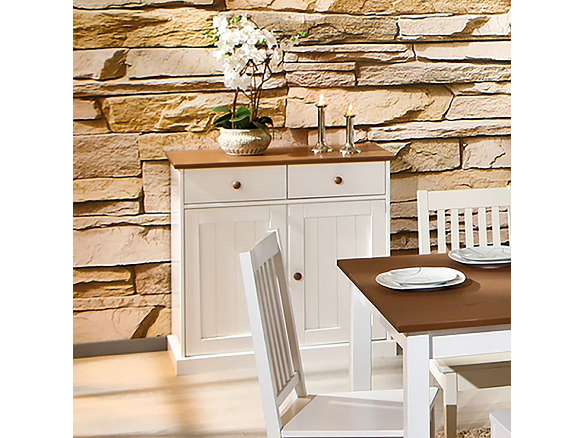 SOCOA - Buffet 2 Portes 2 Tiroirs Bois Massif Vernis Sepia et Blanc