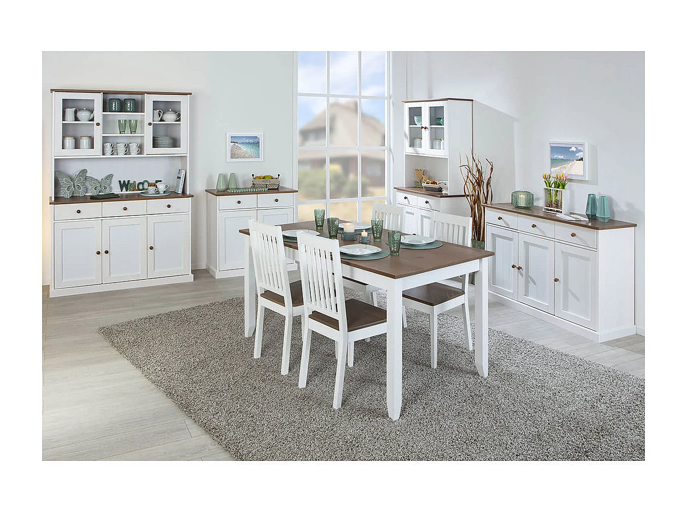 SOCOA - Buffet 2 Portes 2 Tiroirs Bois Massif Vernis Sepia et Blanc