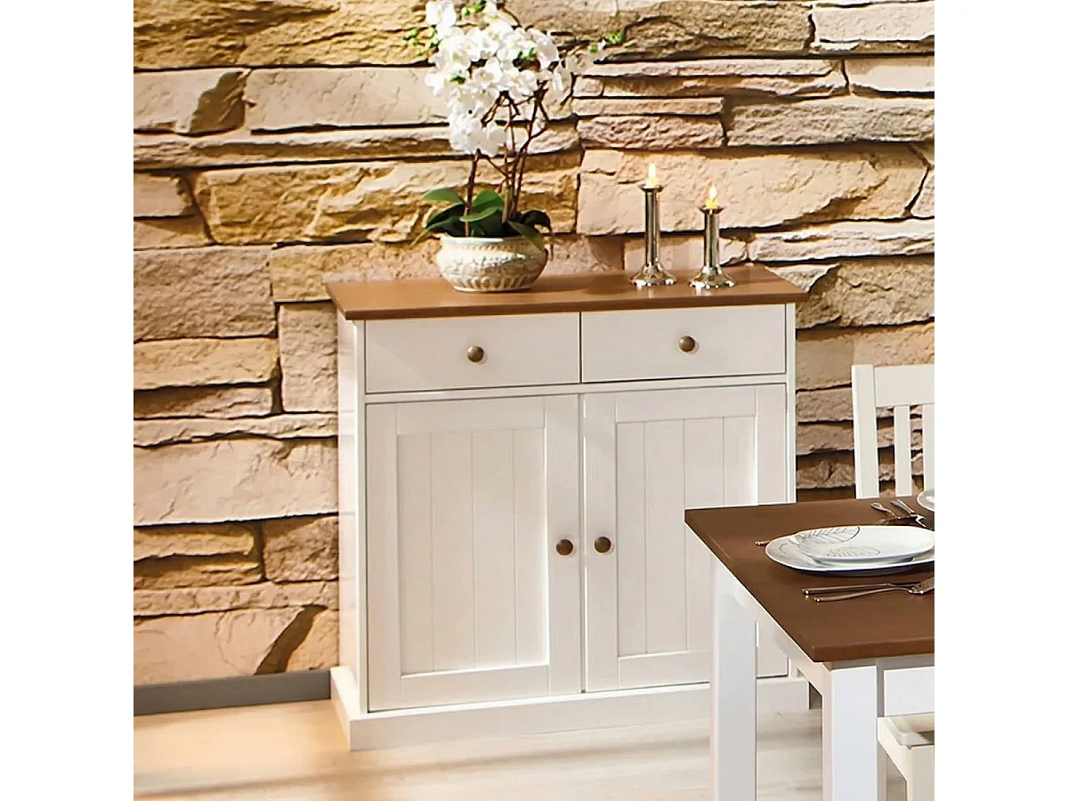 SOCOA - Buffet 2 Portes 2 Tiroirs Bois Massif Vernis Sepia et Blanc