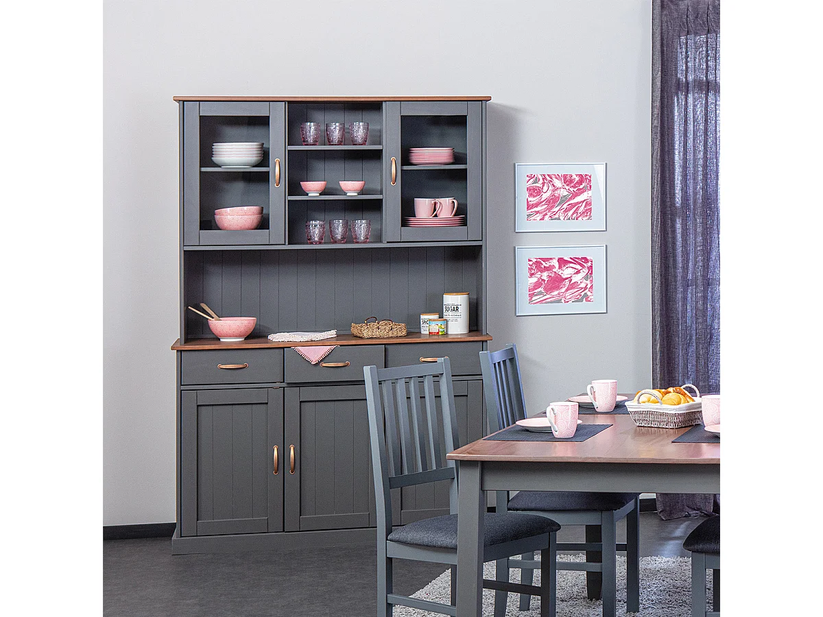 MELINA - Buffet Vaisselier 5 Portes 3 Tiroirs Coloris Gris
