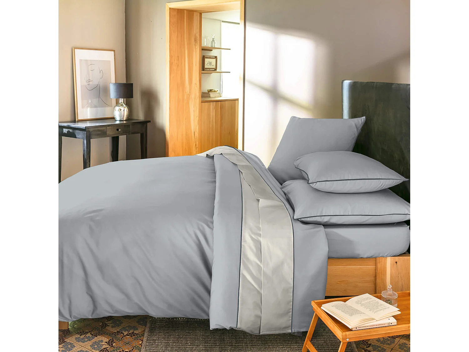 Parure de lit percale Sydney cendre 260x240 cm