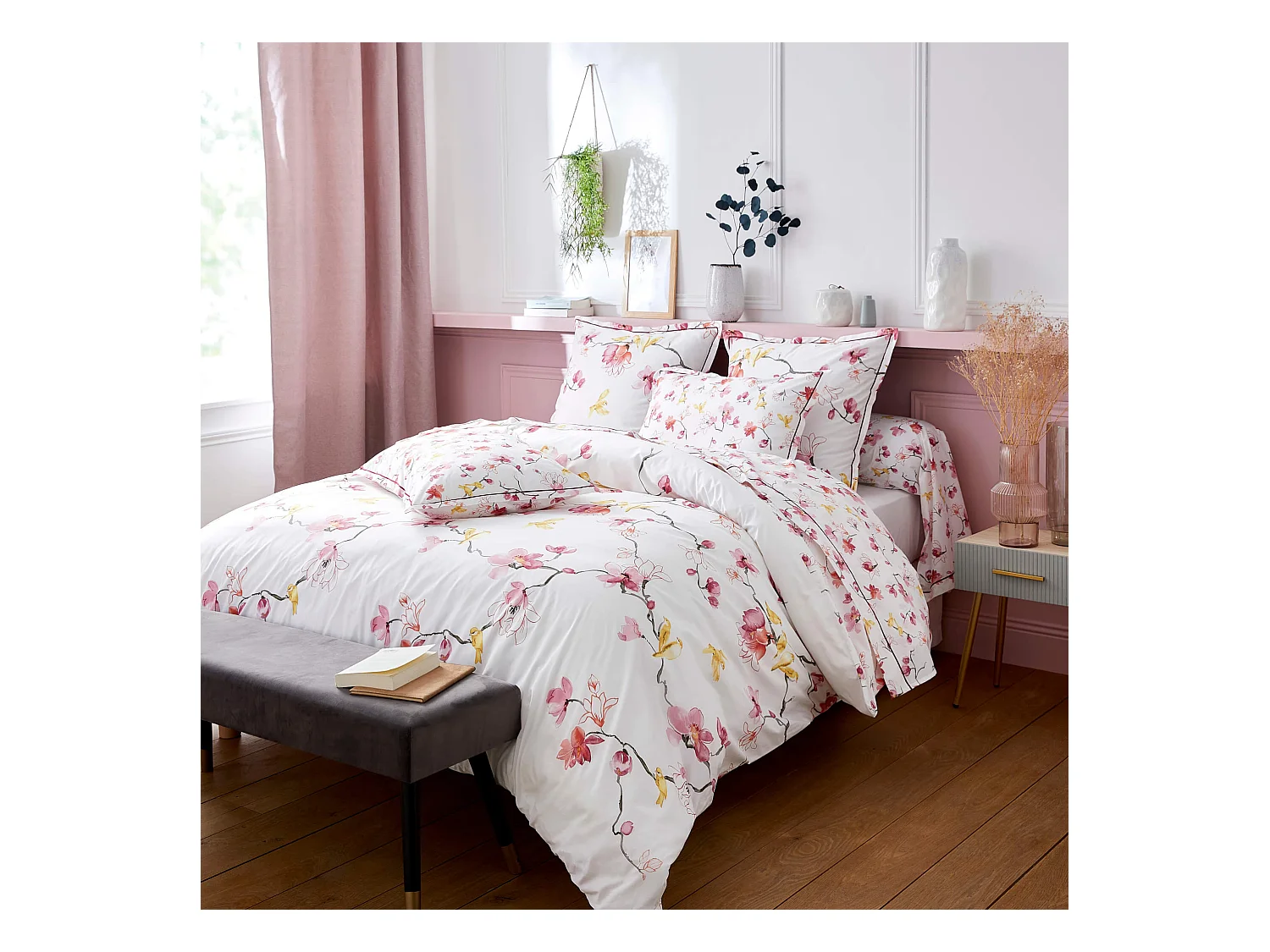 Parure de lit percale Elisa rose 260x240 cm - Tradilinge