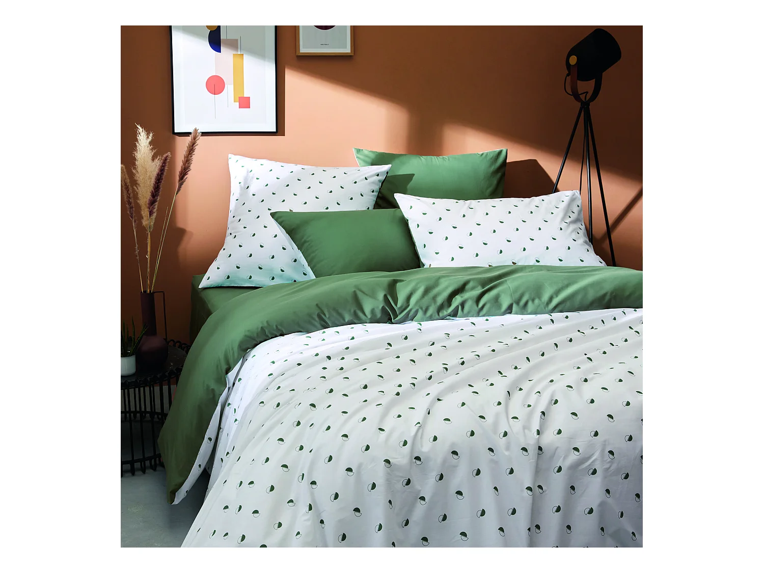 Parure de lit percale Alex kaki 240x220 cm - Tradilinge