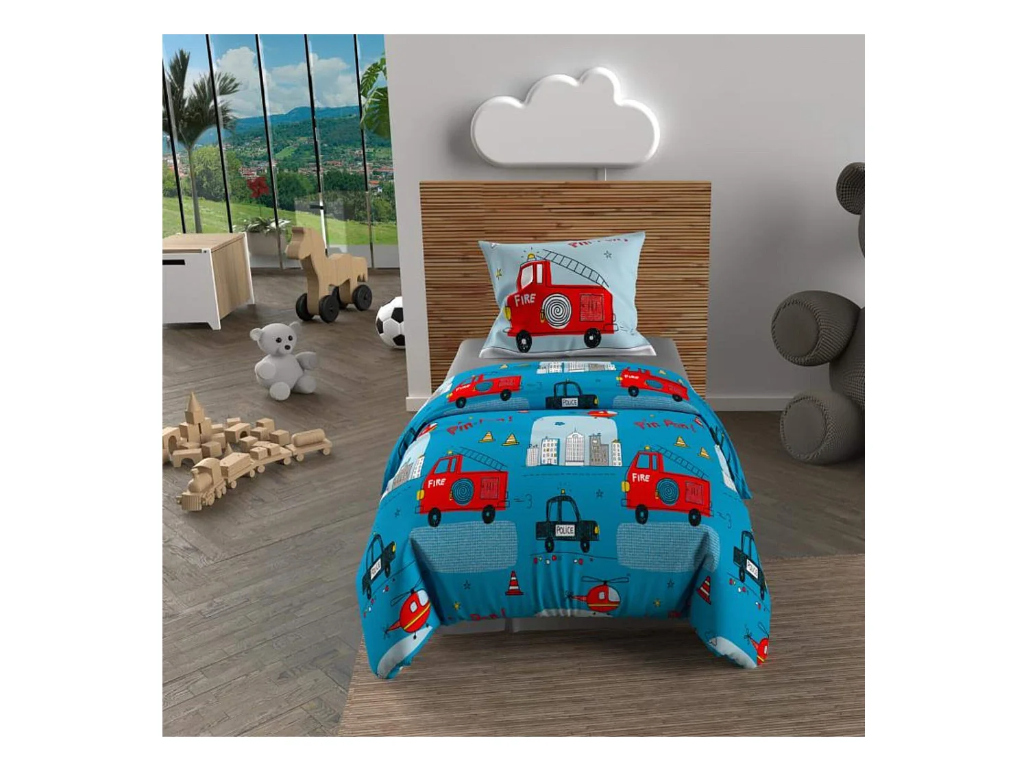 Parure de lit enfant Pompiers bleu 140x200