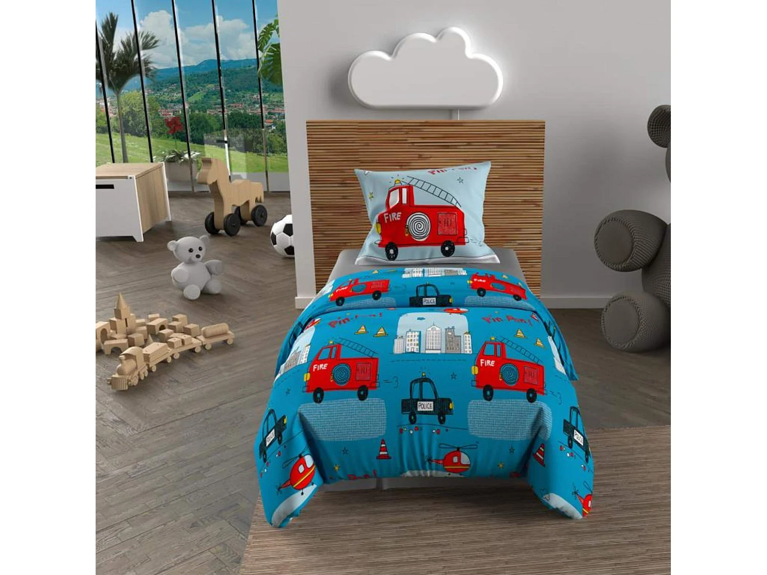 Parure de lit enfant Pompiers bleu 140x200