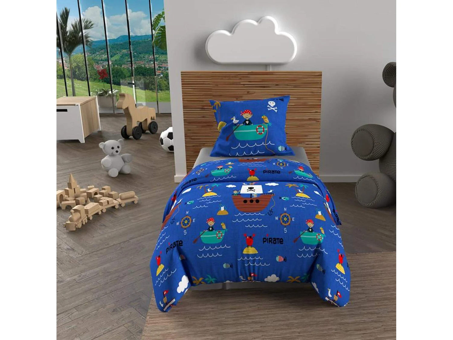 Set funda nórdica 120x150 cm PIRATAS azul, 100% algodón 57 hilos/cm2