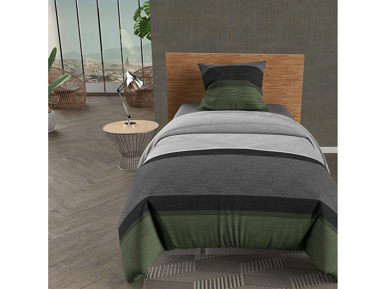 Juego de funda nórdica de algodón, 57 hilos/cm², 140x200 cm, STRIPE caqui, por Soleil d'ocre